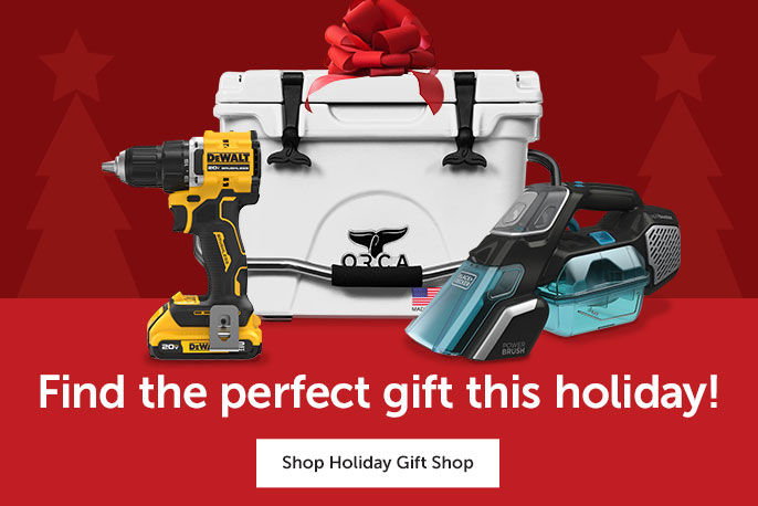 Text center, "Find the perfect gift this holiday!" Shop Holiday Gift Shop button - product images on the right side of an Orca Cooler, Dewalt Drill and a Black & Decker Vacuum