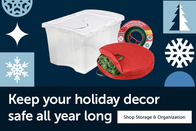 Three stacked holiday icons on the far left side of the banner,  Text left, "Keep your holiday decor safe all year long" Shop Storage & Organization button - product images on the right side of a clear storage tote, a wreath storage bag, and a circular light cord reel