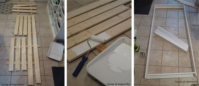 the start of a shelving unit, painting the shelving unit, laying out the frame on the floor