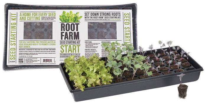 Root farm growing system. Seedling started pods with seedlings growing out of the container.