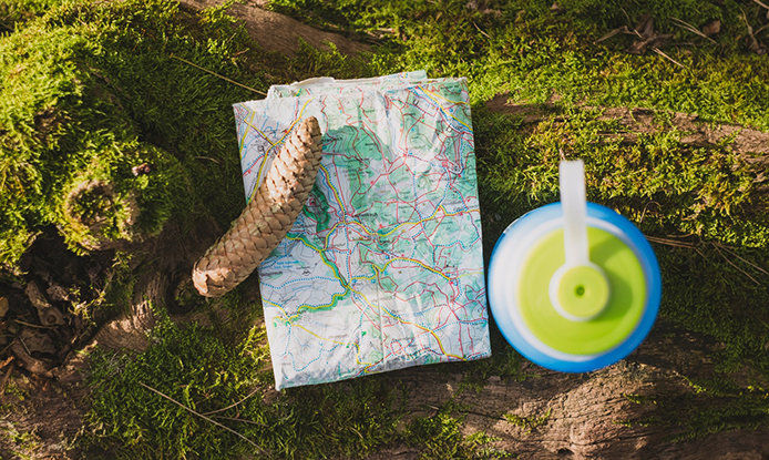 An atlas laying on a green mossy ground. There is a green and blue water bottle on the right hand side and a pine cone on the left hand side of the map. 