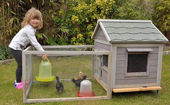 Girl and chicken coop