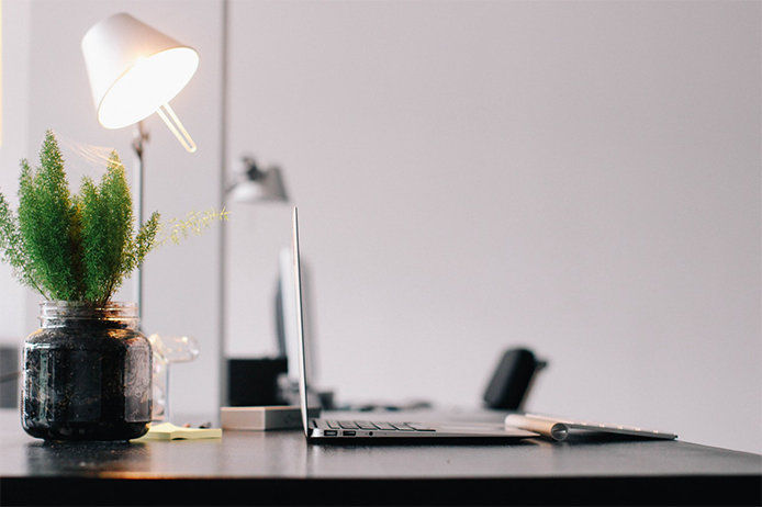 A metal lamo sitting on a black computer desk with a plant as an accent