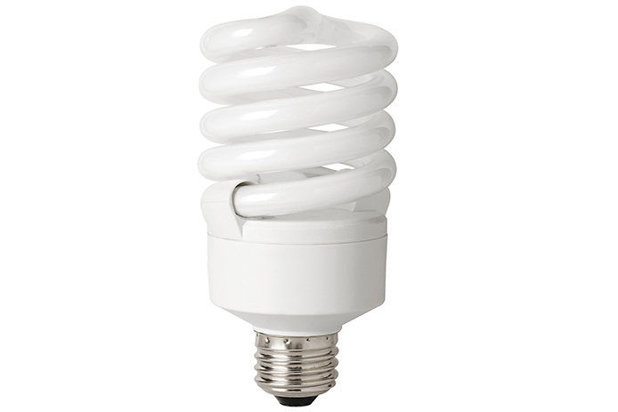 A CLF lightbulb is displayed against a white background. The CFL bulb is white with a spiral-shaped top and a silver base. 