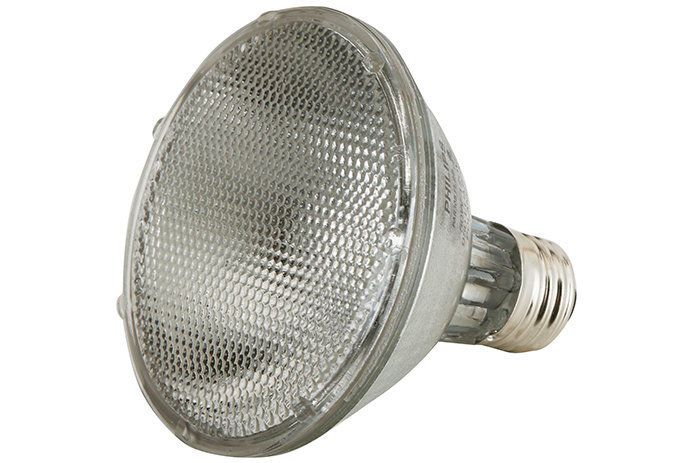 A Silver halogen lightbulb is shown against a white background. The bulb features a round, flat head with a silver base.