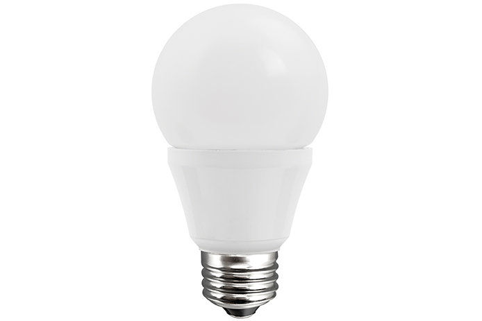 A white LED lightbulb is shown against a white background. The lightbulb features a silver-colored base.