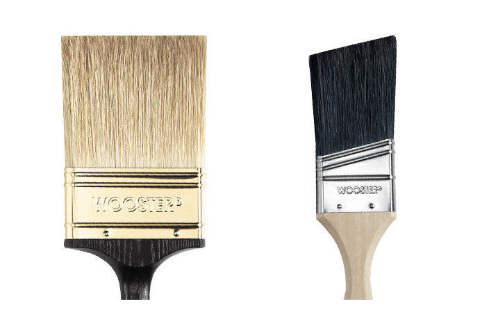 two different types of paint prushes. The one on the left is a square cut 3" paint brush and the one on the right is a 2" angled paint brush