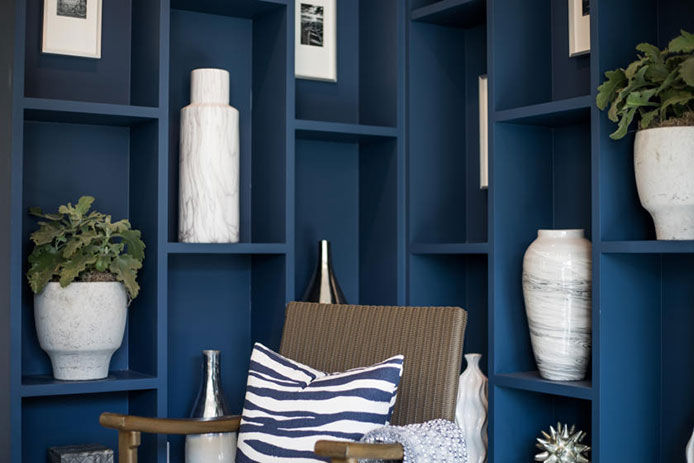 Blue built-in shelves