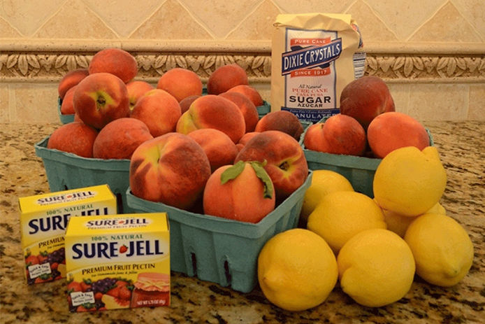 Peaches, lemons, sugar, and fruit pectin