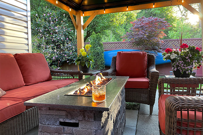 Backyard patio furniture with fire table 