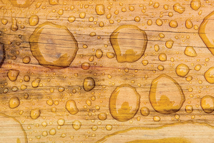 Water droplets are shown against a piece of stained wood.