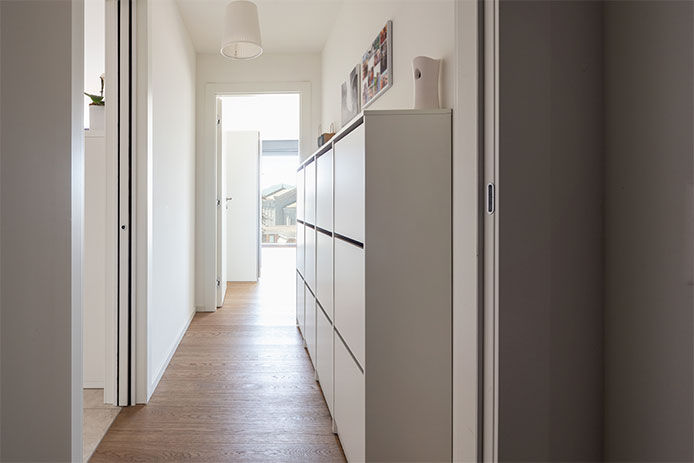 Storage cubbies in a hallway