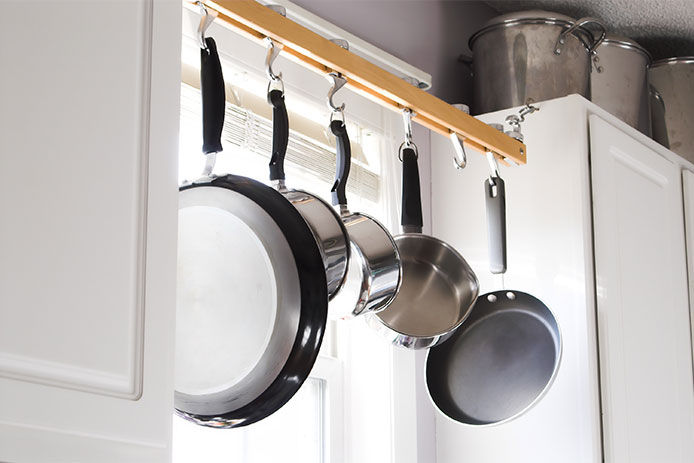 Pots and pans hanging in a kitchen