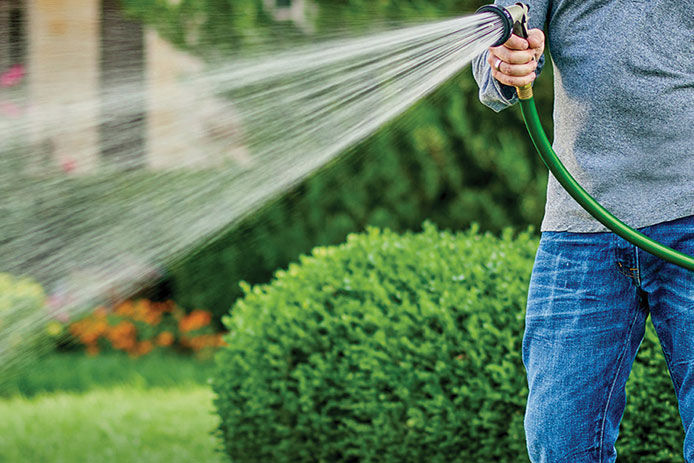 Person watering lawn with a hose with a sprinkler nozzle