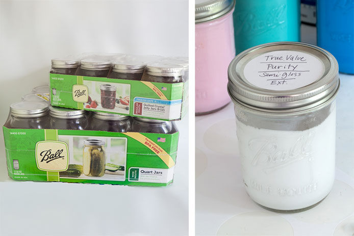 canning jars, labeled leftover paint in canning jars