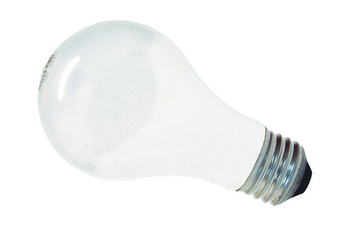 A standard incandescent lightbulb is shown against a white background. The lightbulb features white colored glass and a silver base.
