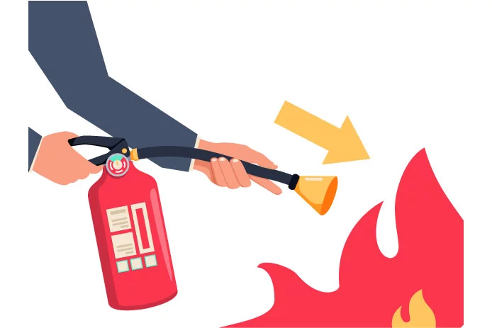Illustration showing to point the extinguisher in direction of the flames