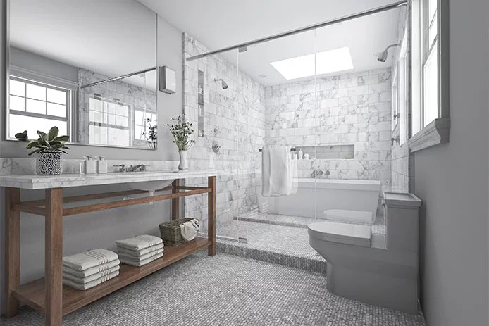 A white and light grey bathroom