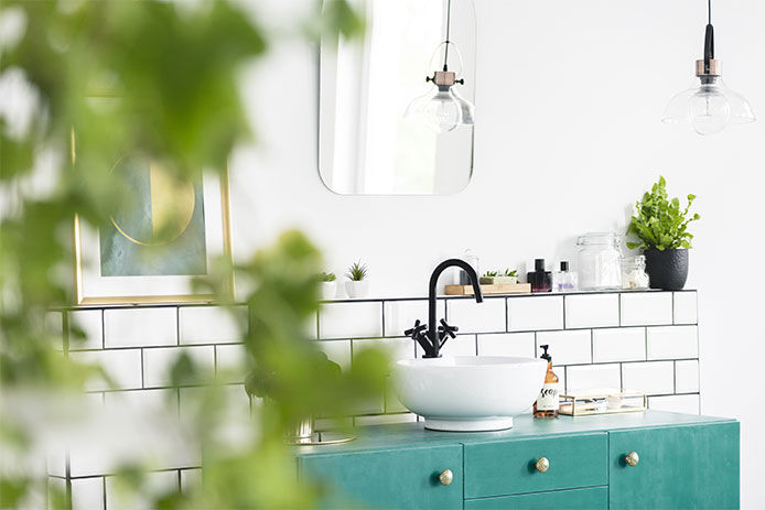 bathroom vanity with plants on the wall ledge