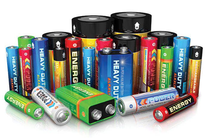 Collection of different types and sizes of batteries in all different colors