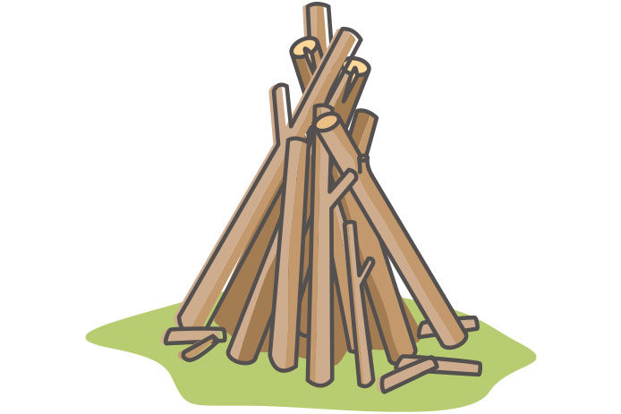 An illustration of how to create a teepee style campfire