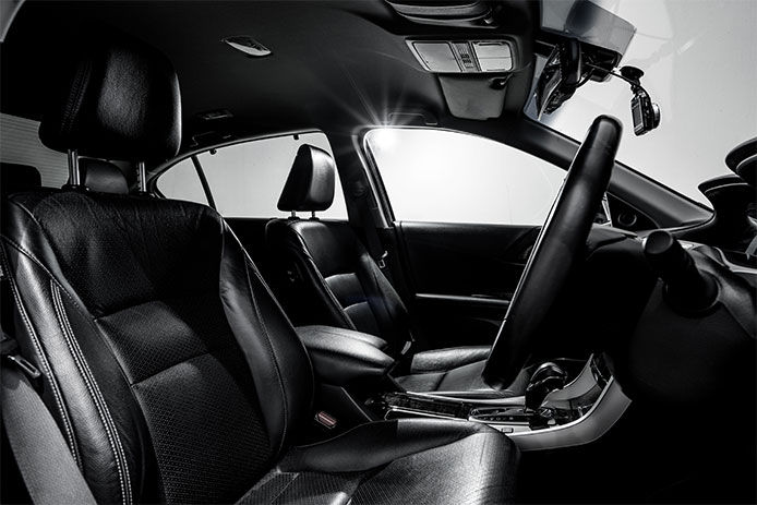 The interior of a black car