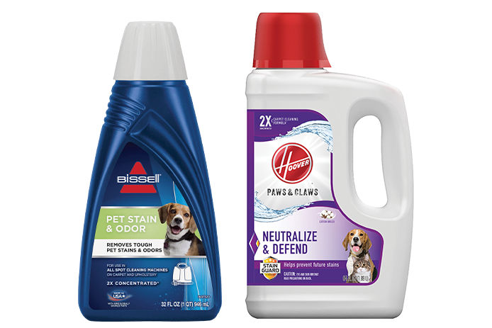 An isolated product picture of two different types of carpet cleaner. One by Hoover and one by Bissell