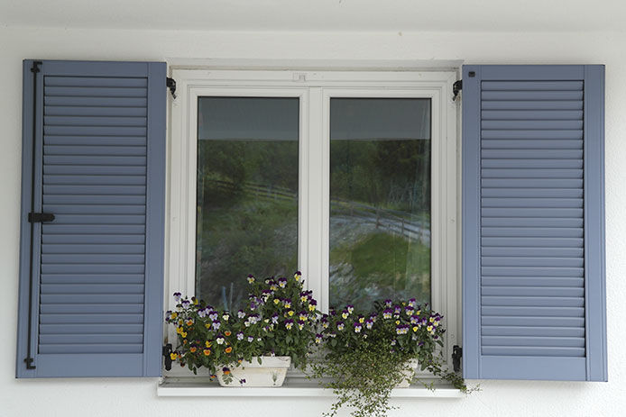 A window with two blue shutters and two planters of annual plants sitting on the window sill.