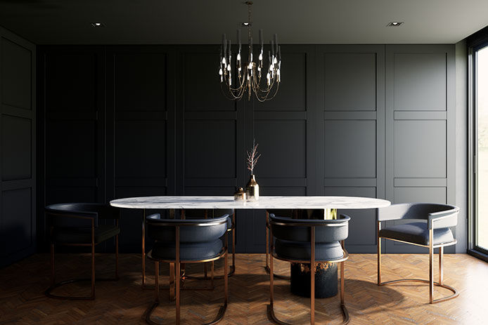 A darkly painted dining room