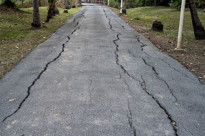 A long asphalt driveway is shown. The driveway is faded grey with long, vertical cracks that run the length of the driveway. It’s surrounded by grass and trees on either side.