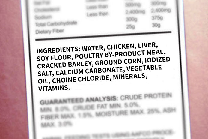 A close up image of the ingredients on a package of dog food 