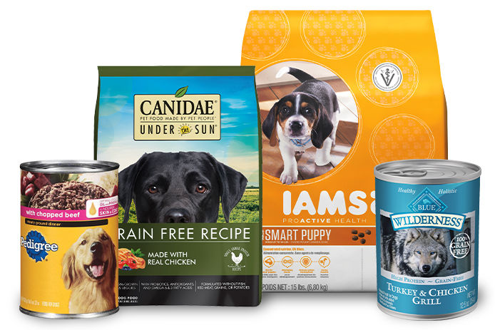 Four packages of wet and dry dog food 
