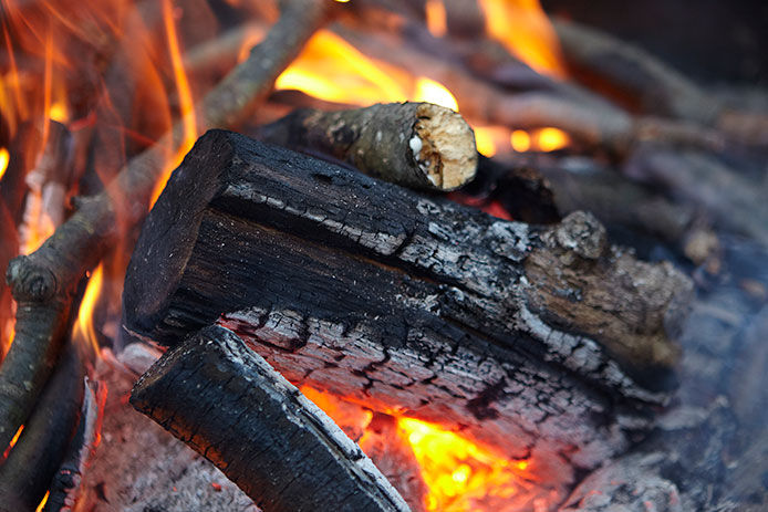 A close-up on burning wood in a firepit