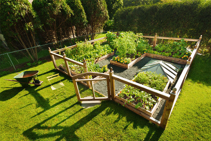 An overhead view of an enclosed garden with the gate open
