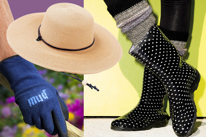 Gardening gloves, hat and rain boots