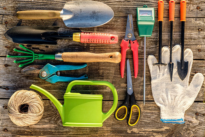 Hand gardening tools all laid out on a wooden tabletop