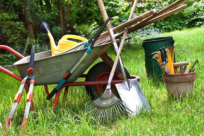 Essential garden tools: shovel, rake, wheel barrow, pruners, watering can, and other tools
