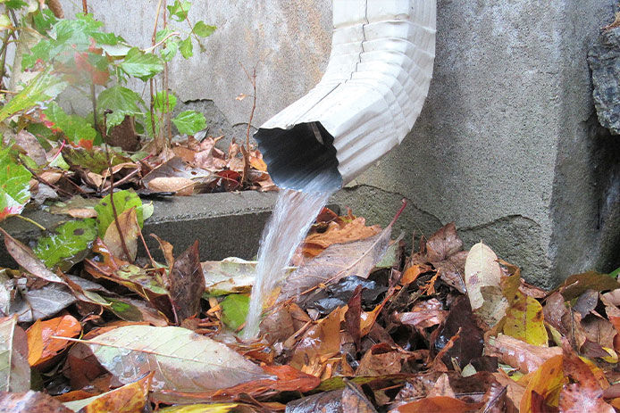 Close up of water gushing from a rooftop downspout on a residential building, surrounded by a gray brick wall and fallen leaves.