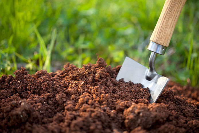 Garden trowel in the soil humus.