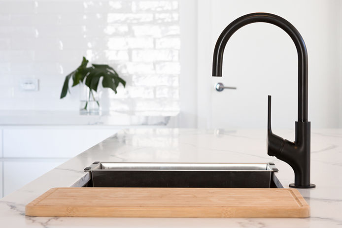 Black kitchen faucet with wooden cutting board and green plant
