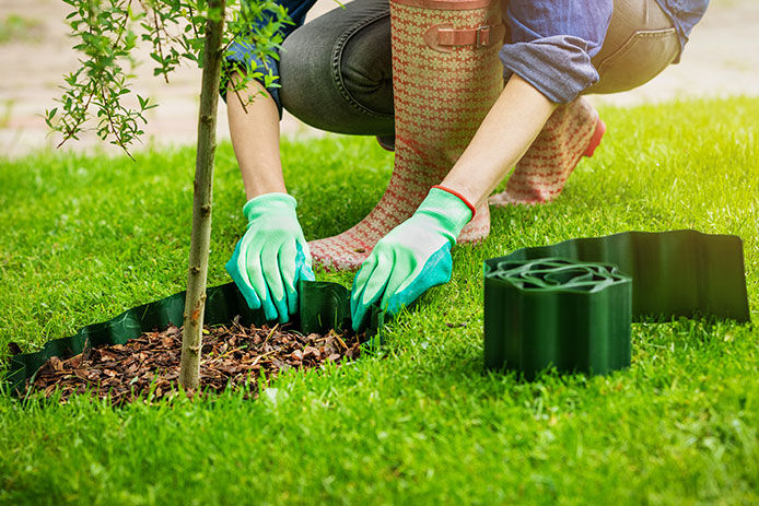 Woman bent down wearing gardening gloves putting edging around some mulch and tree