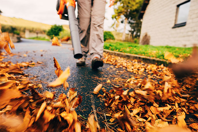 Close-up of person using a leaf blower to get leaves off of driveway