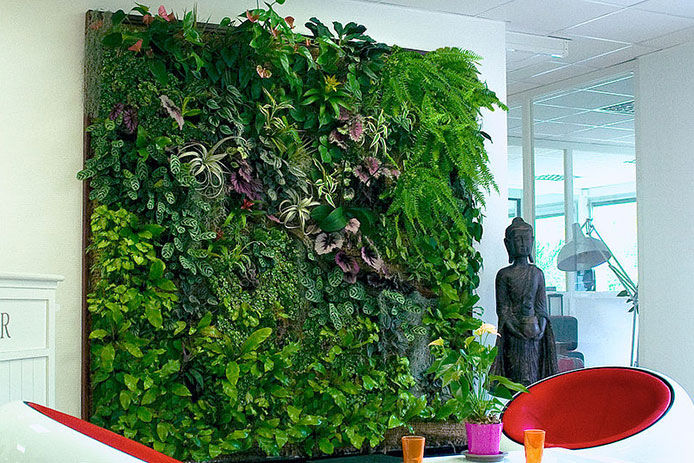 An indoor living wall inside of a nail salon with a statue of Budha on the right side of the image 