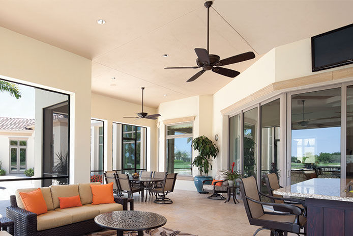 A living room with a ceiling fan