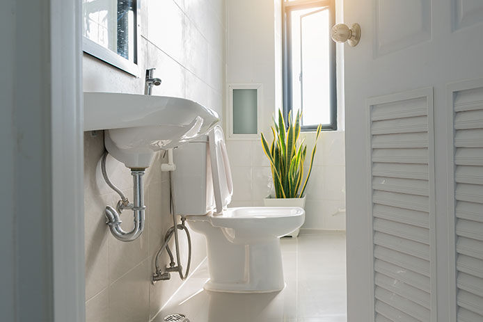 White bathroom door that overlooks the sink and toilet lit by the window.