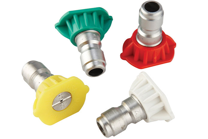 Four different colored pressure washer nozzles or tips. Each one ranges from 0 to 65 degrees.