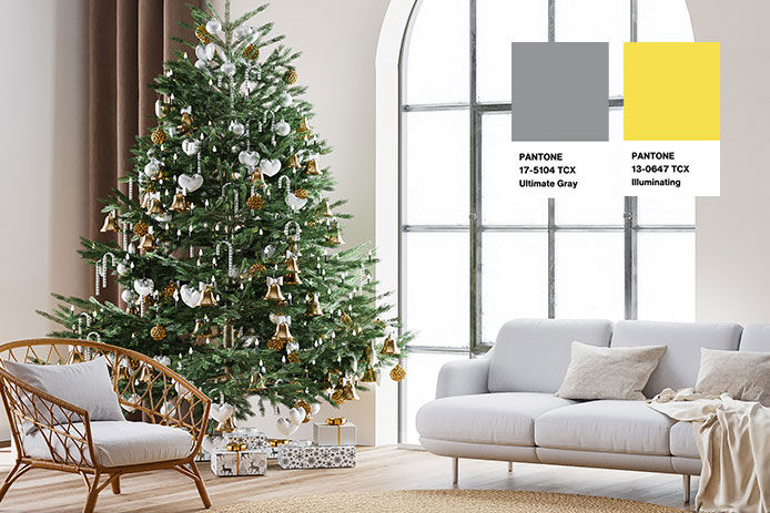 A Christmas tree using the Pantone colors from 2020 as the color palette
