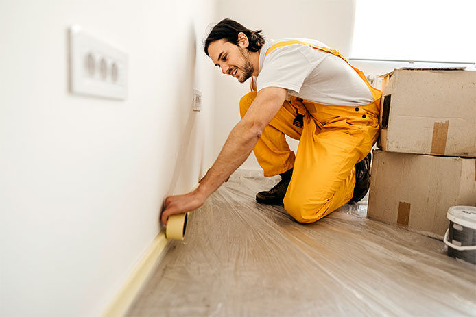 Professional painter prepared for painting by taping off the bottom baseboards with painters tape 