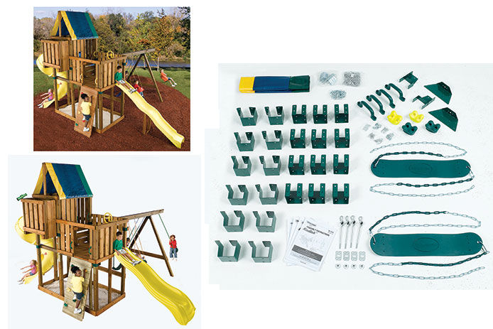A playground kit with all the accessories and two images of playground kits set up.