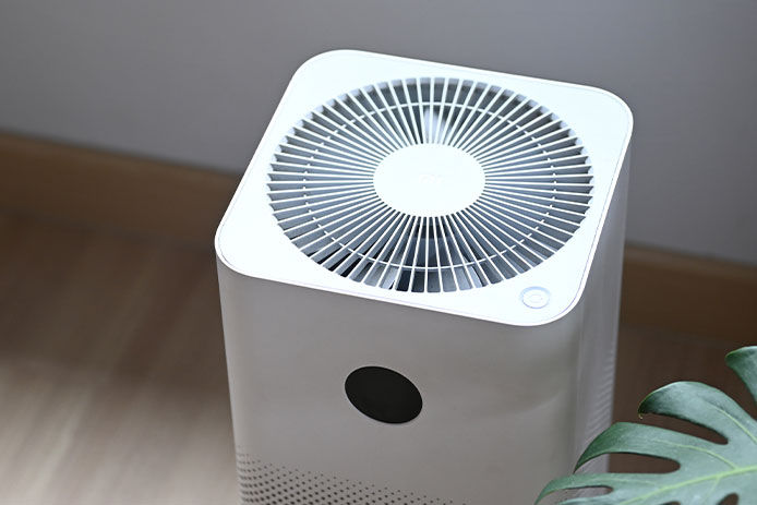Air purifier in comfortable living room with house plant on the wooden floor. 
